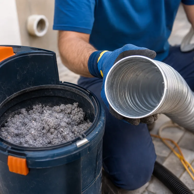 Lint removed from a dryer vent duct and collected in a vacuum canister beside the cleaned metal duct