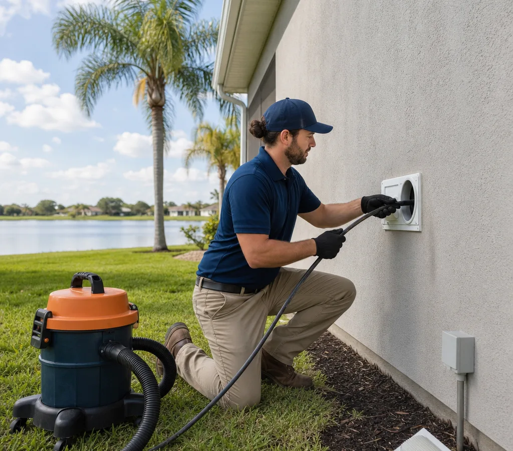 Contractor cleaning a residential dryer vent line with a rotary brush and vacuum at the exterior vent hood