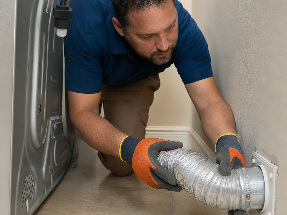Dryer transition hose connection being inspected for kinks and loose clamps behind the appliance