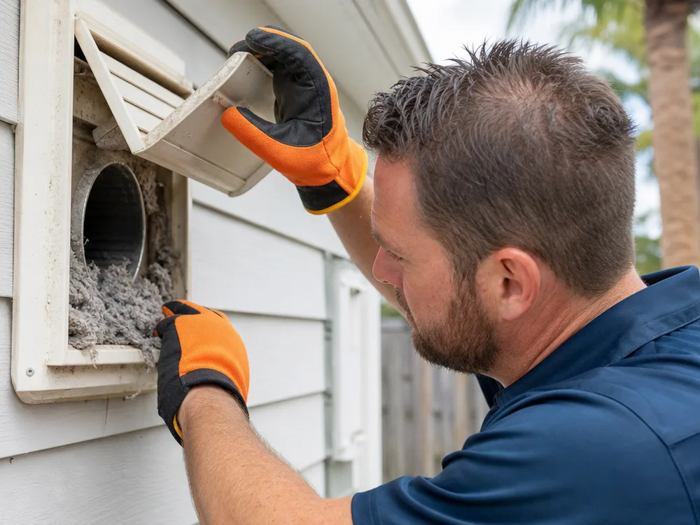 Exterior dryer vent hood with visible lint as a contractor inspects the damper flap