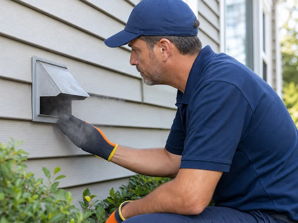 Technician confirming airflow at an exterior vent hood while the dryer runs