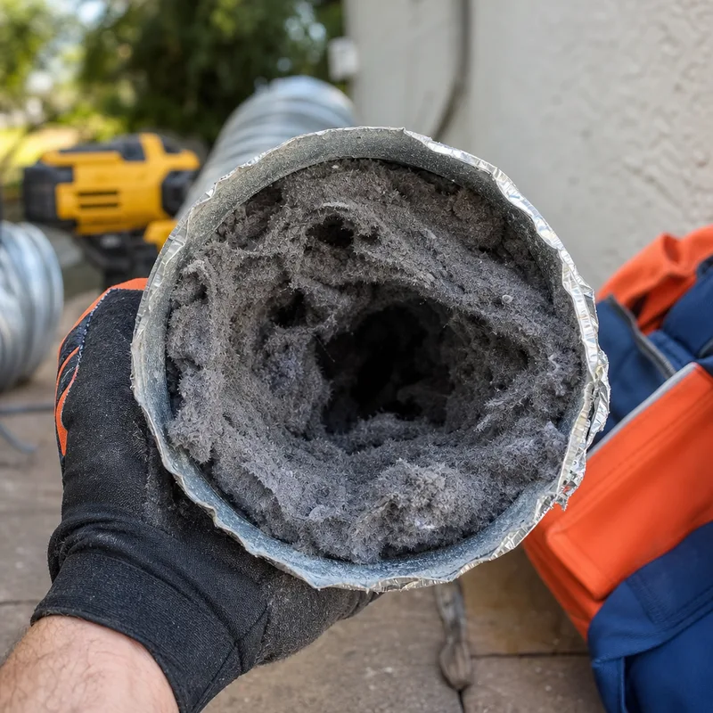 Packed lint inside a dryer vent duct section removed for inspection