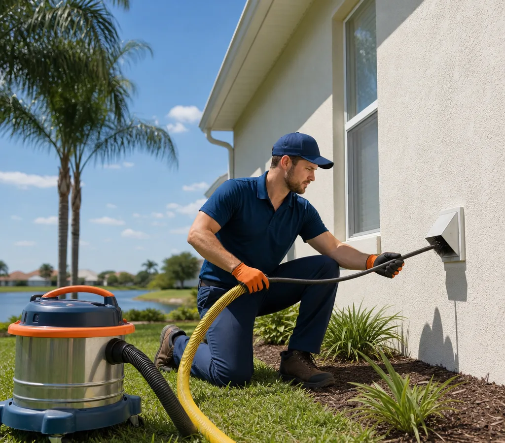 Contractor cleaning a residential dryer vent line with vacuum and brush tools at an exterior vent hood