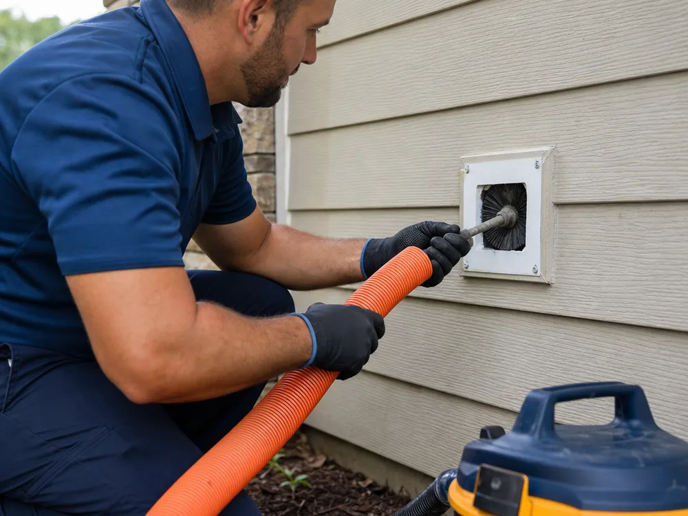 Contractor using a rotary brush and vacuum setup on a dryer vent line