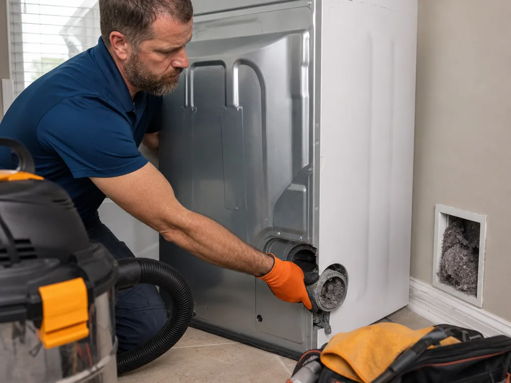 Contractor inspecting the transition duct and lint accumulation behind a dryer
