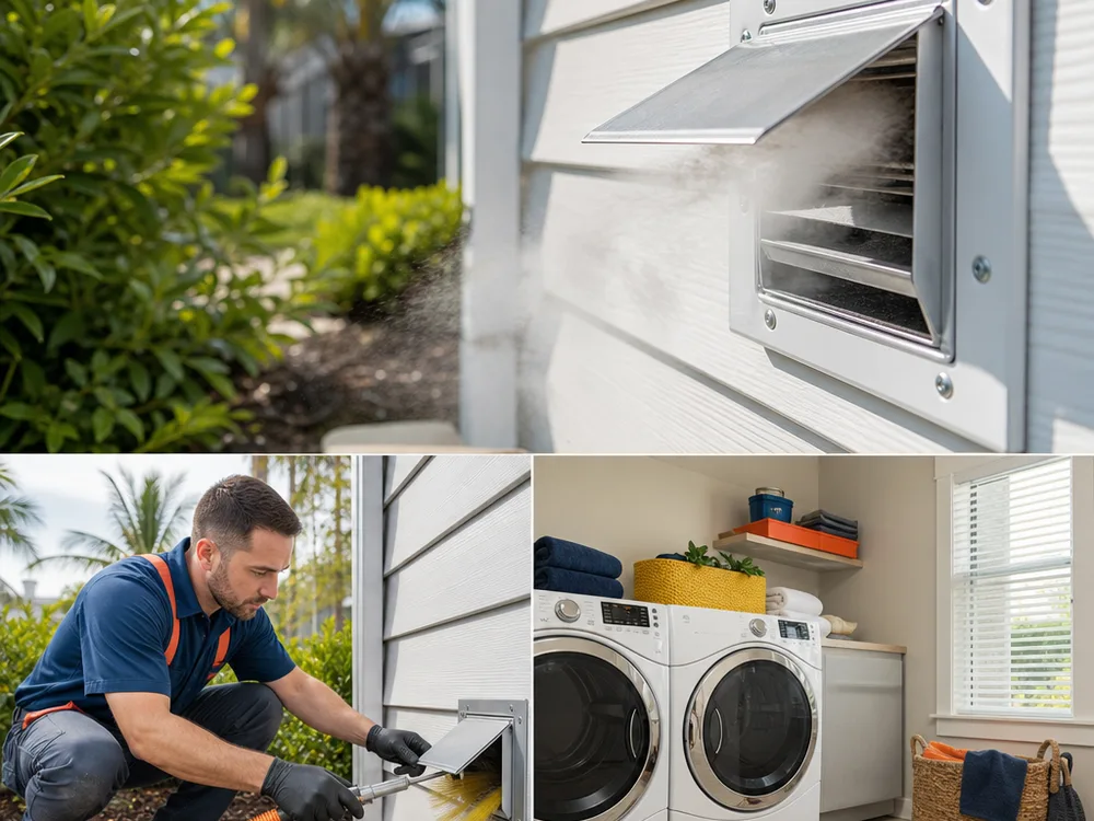Clean exterior vent termination opening freely while the dryer runs