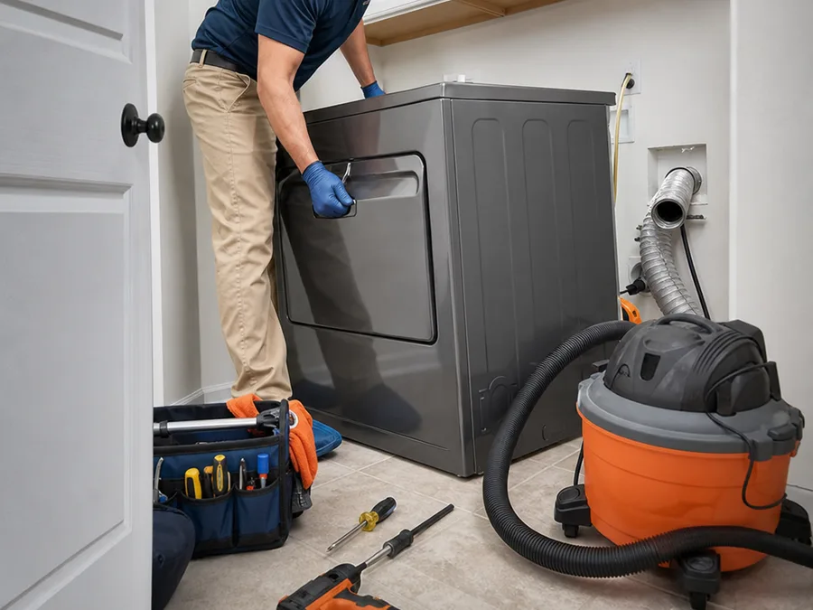 Contractor moving a dryer away from the wall to access the vent connection with tools and a vacuum nearby
